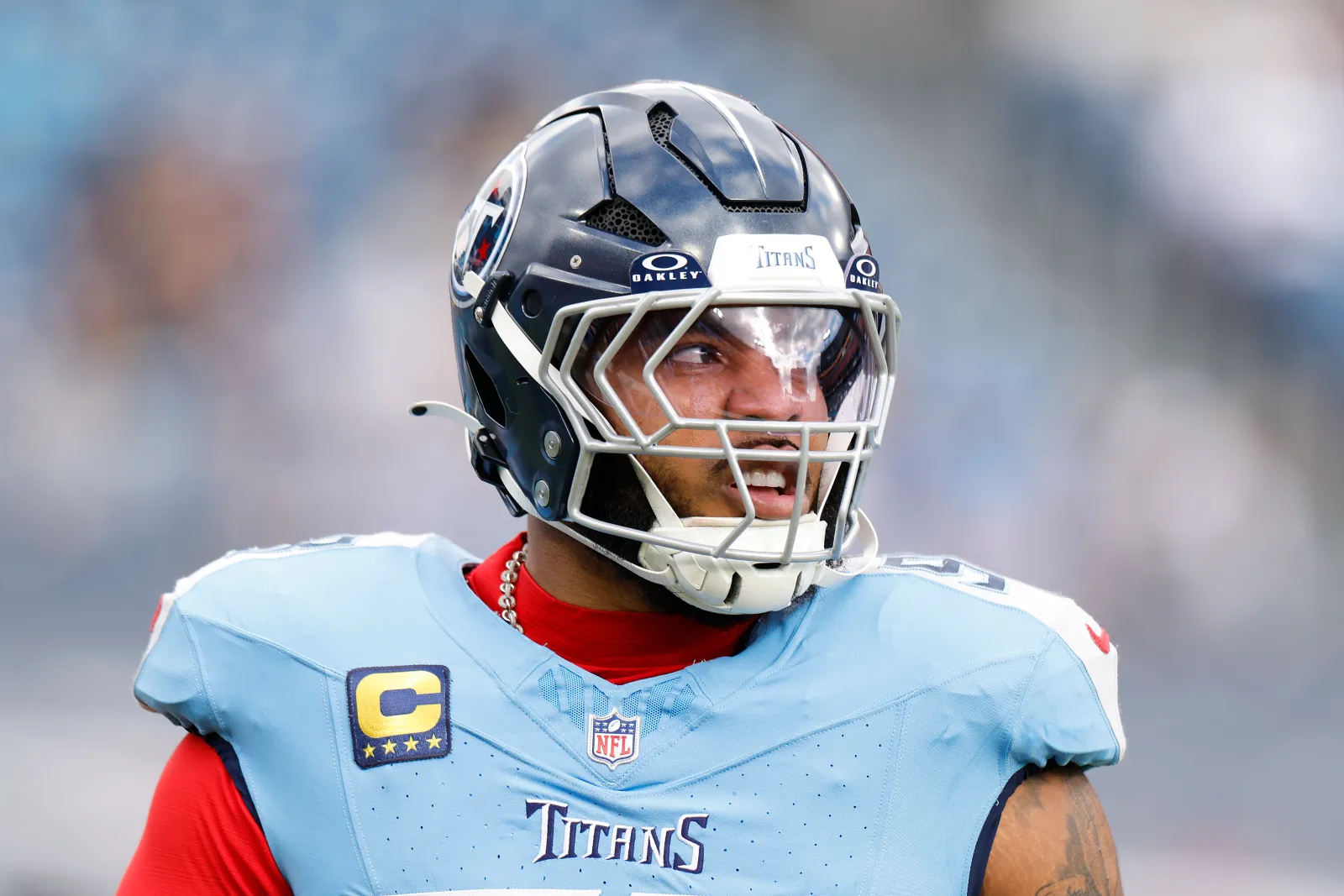 NASHVILLE, TENNESSEE - DECEMBER 28: Jeffery Simmons #98 of the Tennessee Titans warms up prior to the NFL 2025 game against the New Orleans Saints at Nissan Stadium on December 28, 2025 in Nashville, Tennessee. (Photo by Johnnie Izquierdo/Getty Images)
