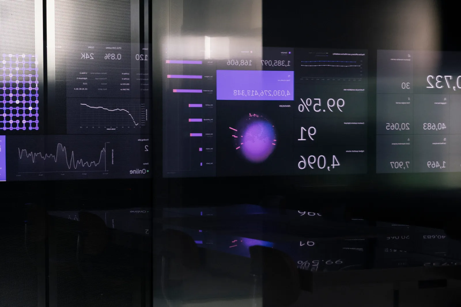 IBM Quantum System Two computer (reflection is of an IBM quantum dashboard which displays real-time data of IBM’s quantum network activity); IBM Thomas J Watson Research Lab, Yorktown Heights, New York; June 23, 2026