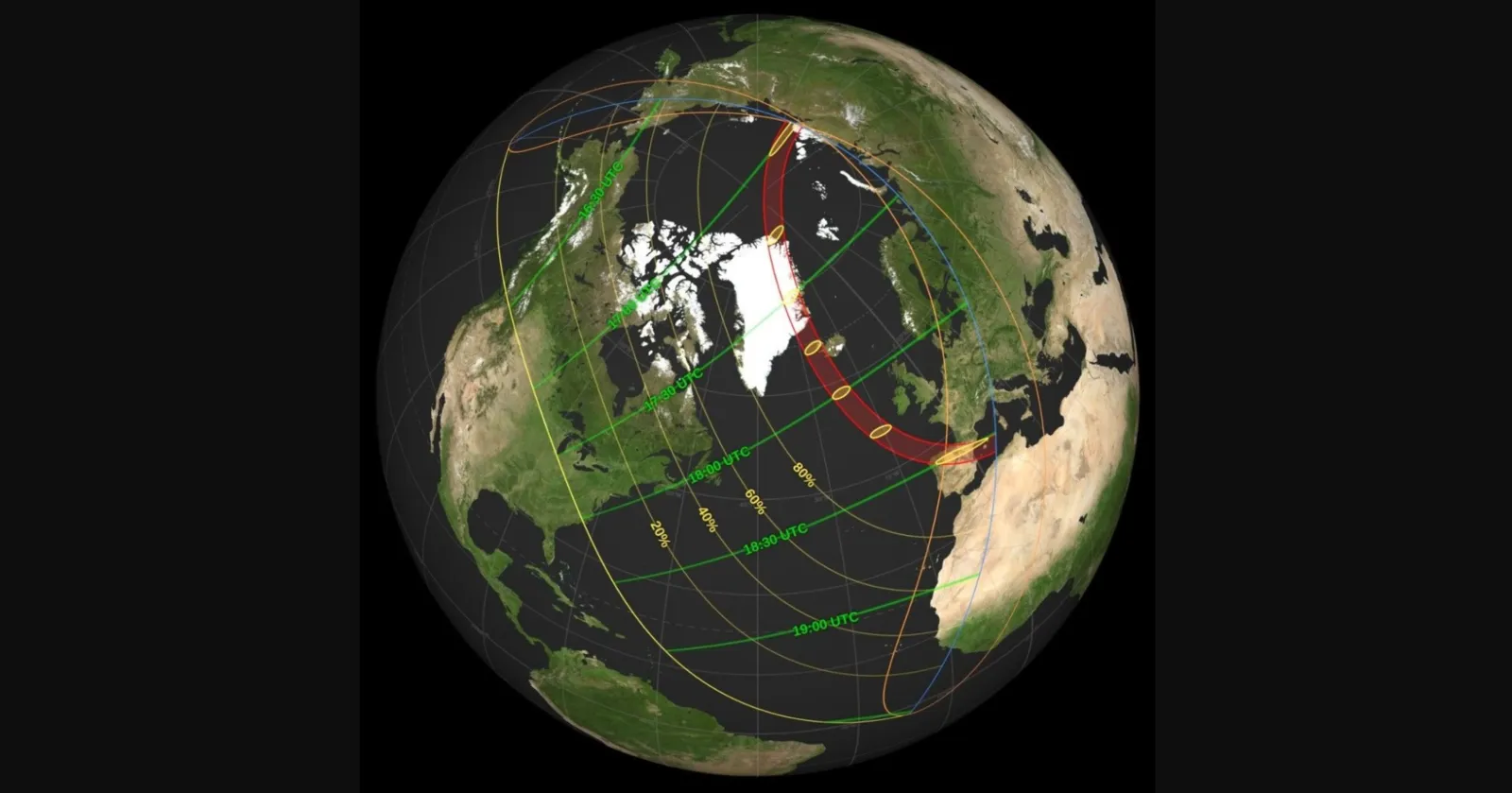 A map from NASA shows where the partial or total solar eclipse will be visible on Wednesday.