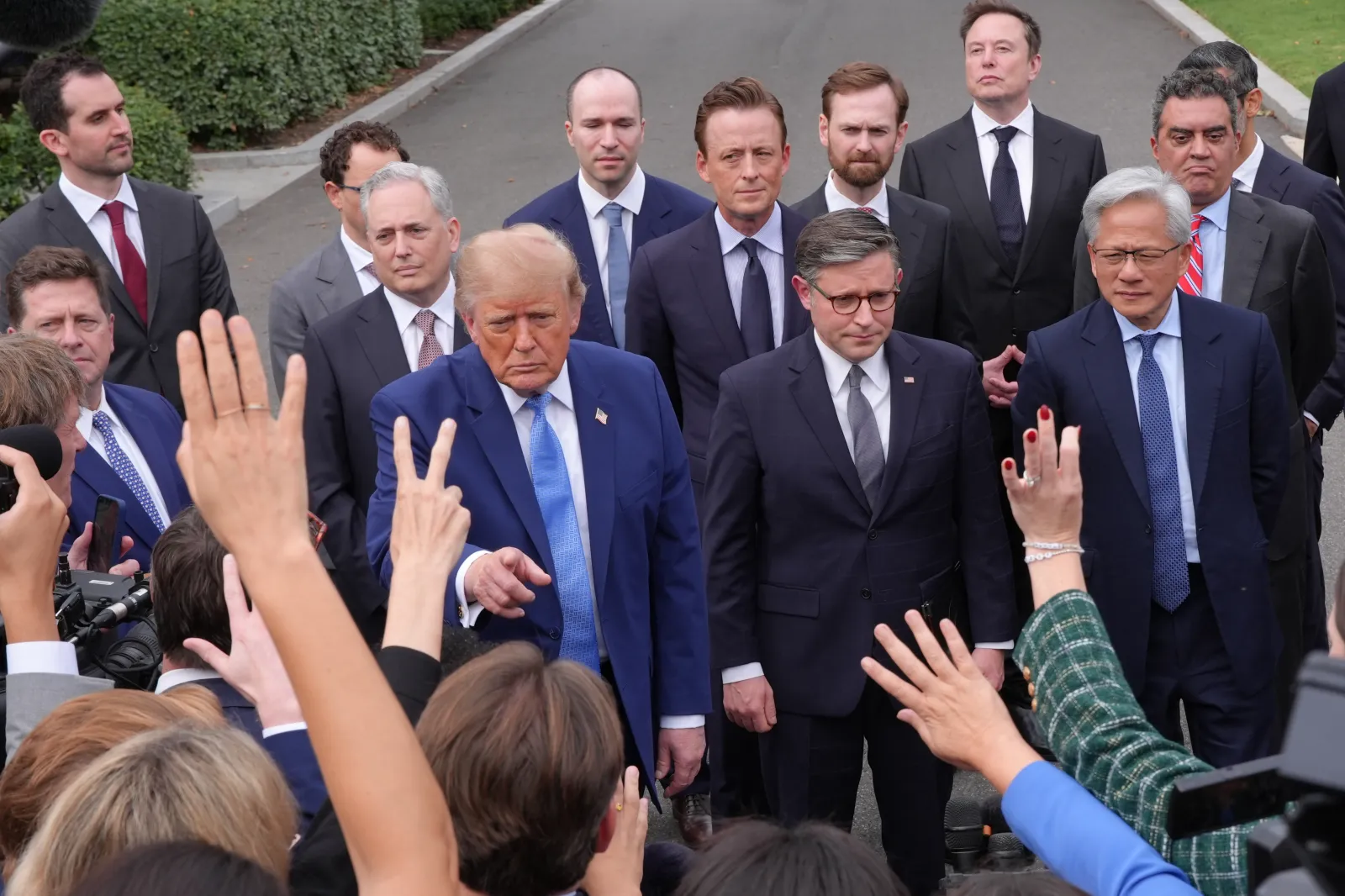 President Donald Trump speaks to reporters at the White House in Washington, Tuesday September 29, 2026, after meeting with top executives of AI firms, as House Speaker Mike Johnson of La., and NVIDIA CEO Jensen Huang listen.