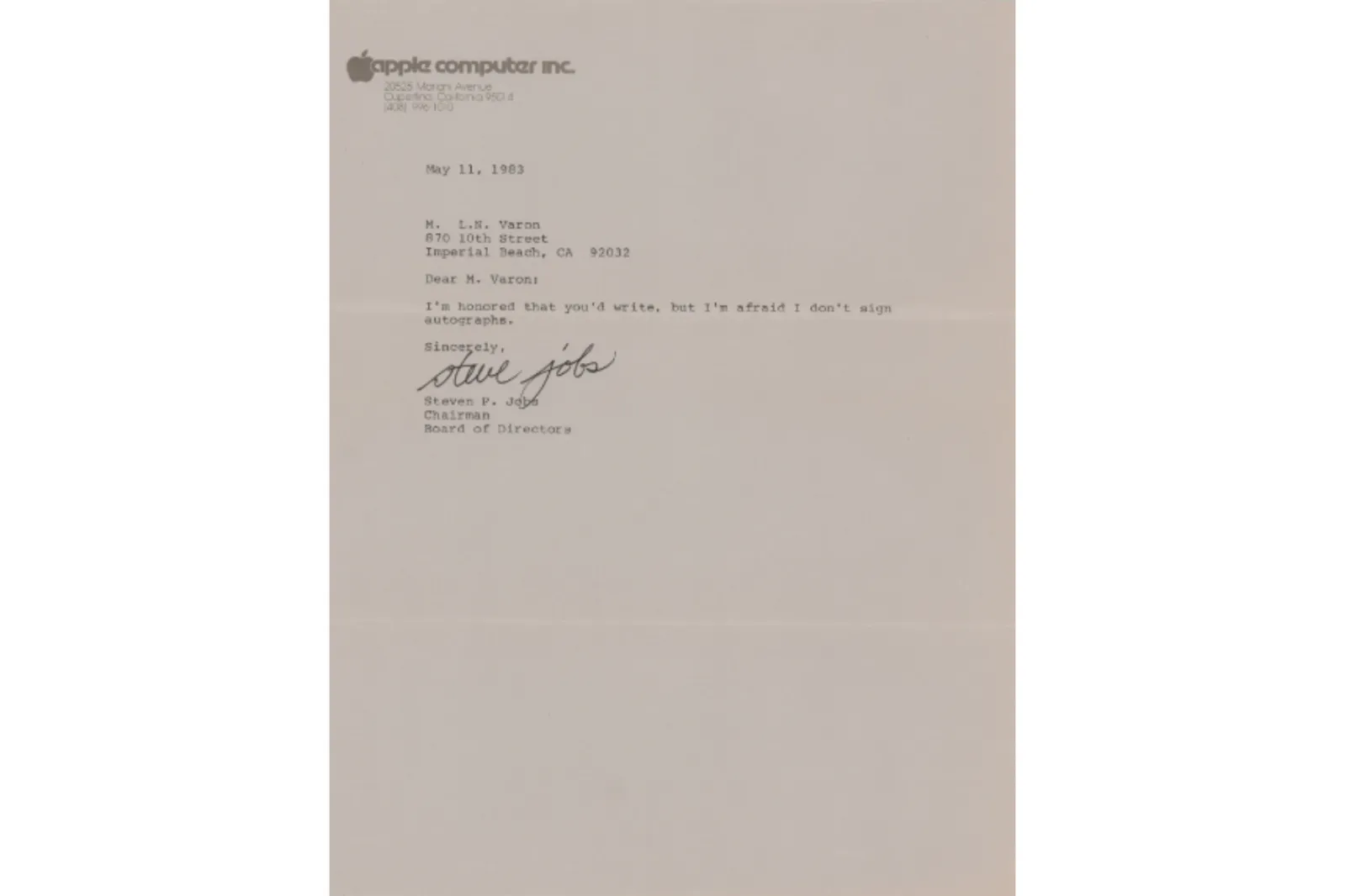 letter signed by Steve Jobs