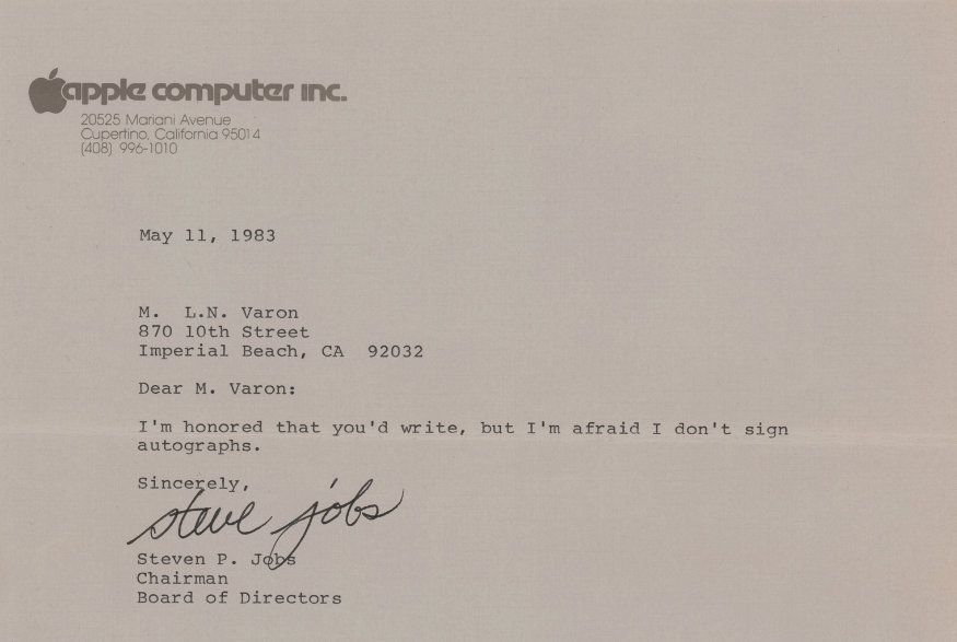 Steve Jobs Letter Saying He Doesn't Sign Autographs Sells for