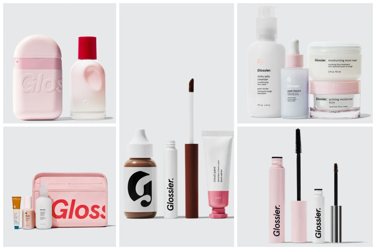 Various Glossier beauty products.