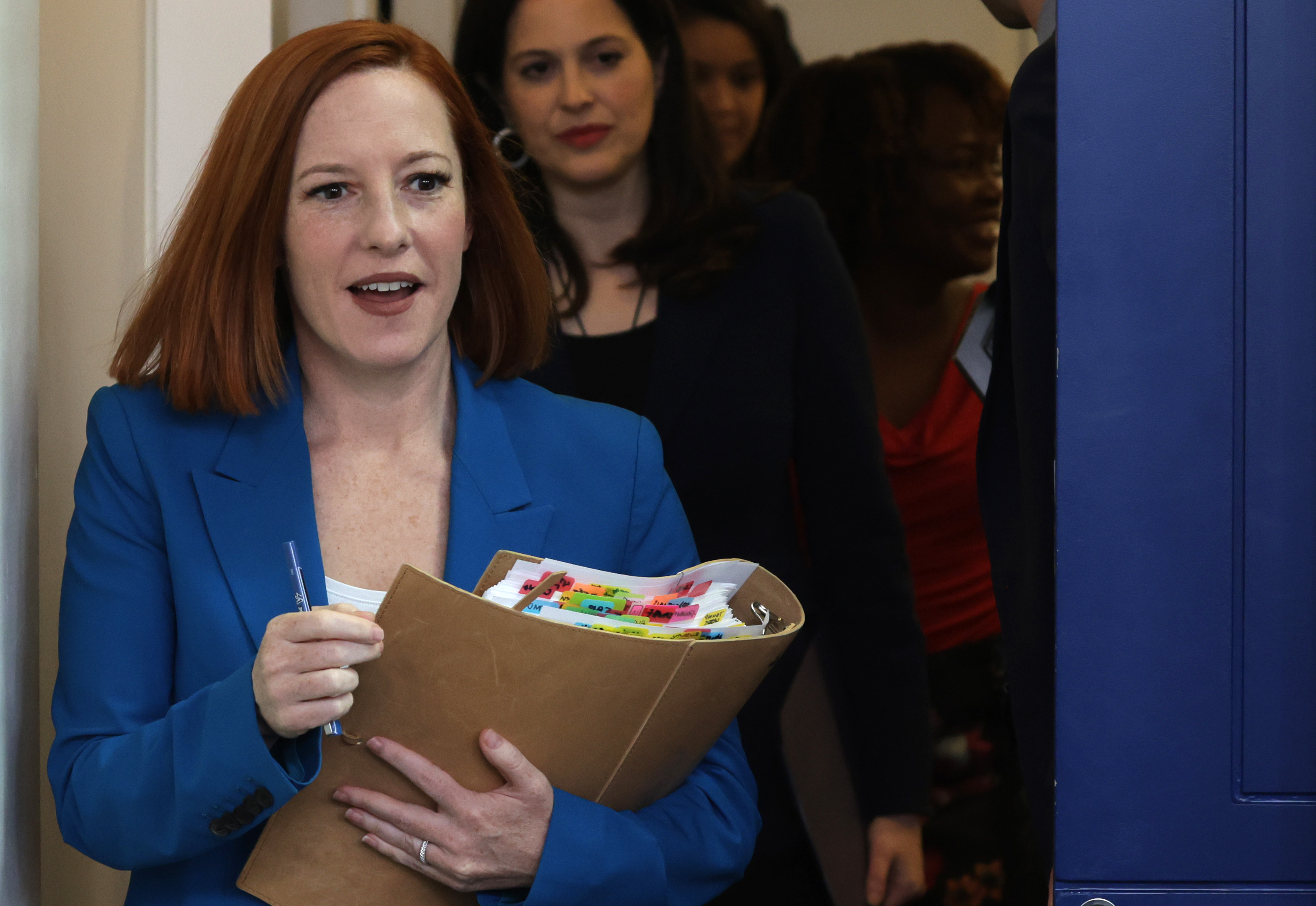 jen psaki blue dress White House's Jen Psaki Hits Out at Four New 'Extreme' State Laws