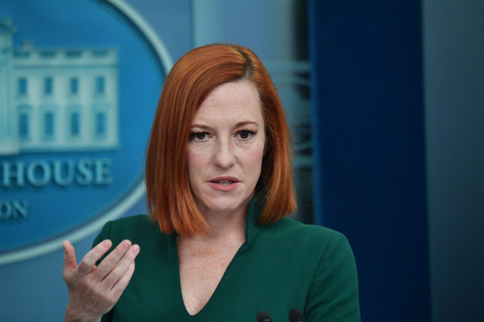 jen psaki green dress P20210716ES-0118 | Press Secretary Jen Psaki holds a press b