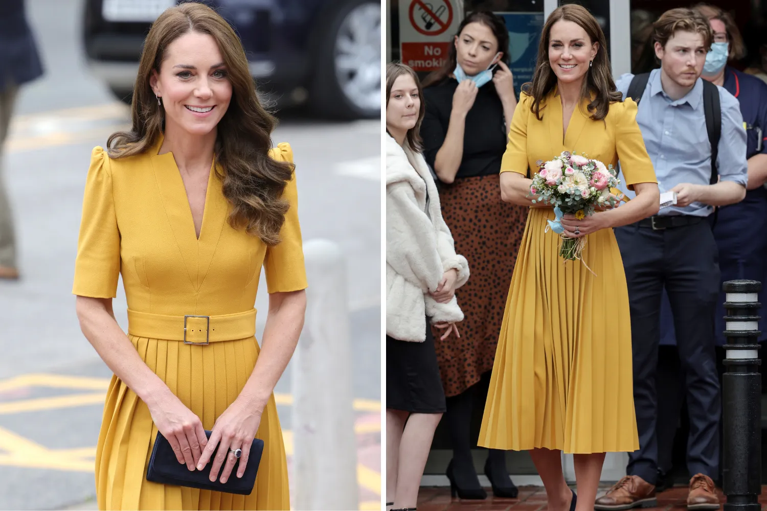 strapless open back dress Kate Middleton Yellow Short Dress Paris & Germany Royal Tour 2017 main image 0