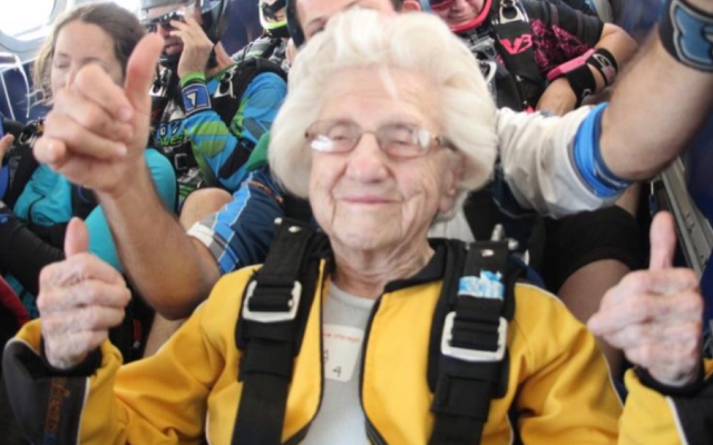 Dorothy Hoffner on her first skydiving trip.