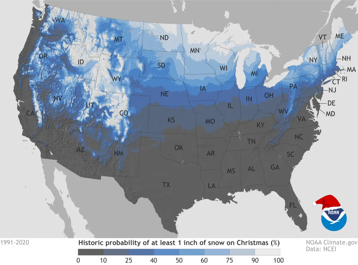 Map Shows Which States Have Best Chance of White Christmas - Newsweek
