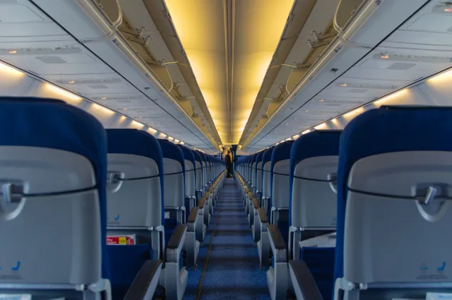 Empty plane cabin with no passengers.