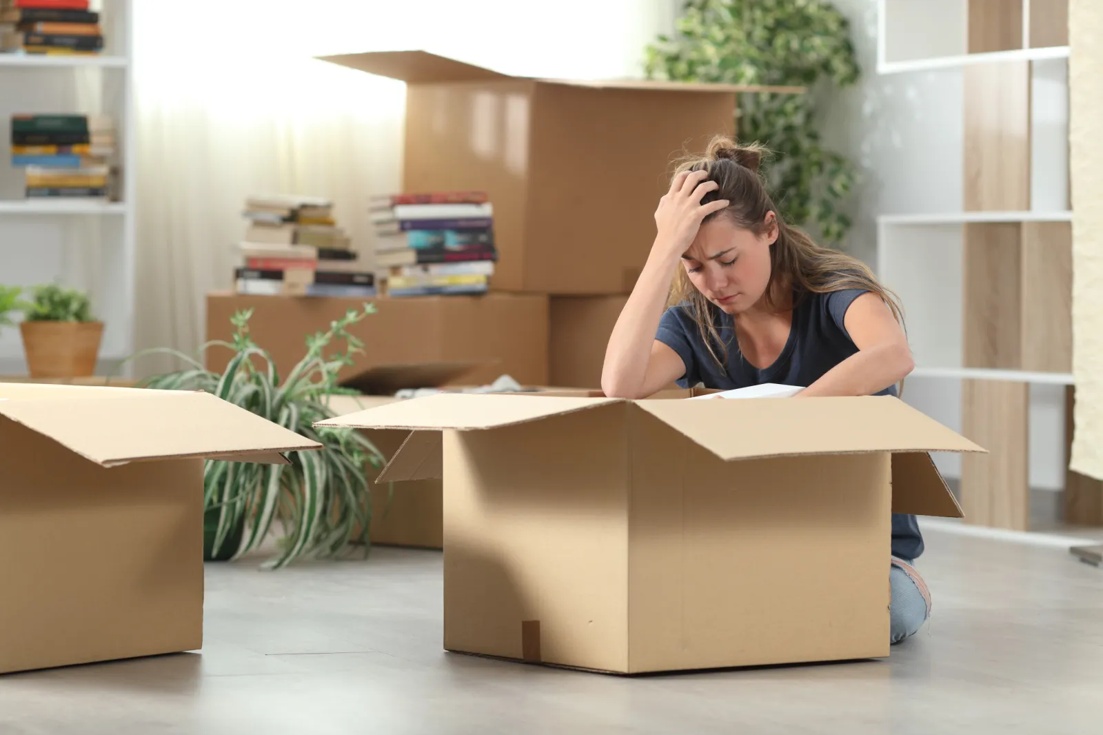 Woman distressed while packing boxes. 