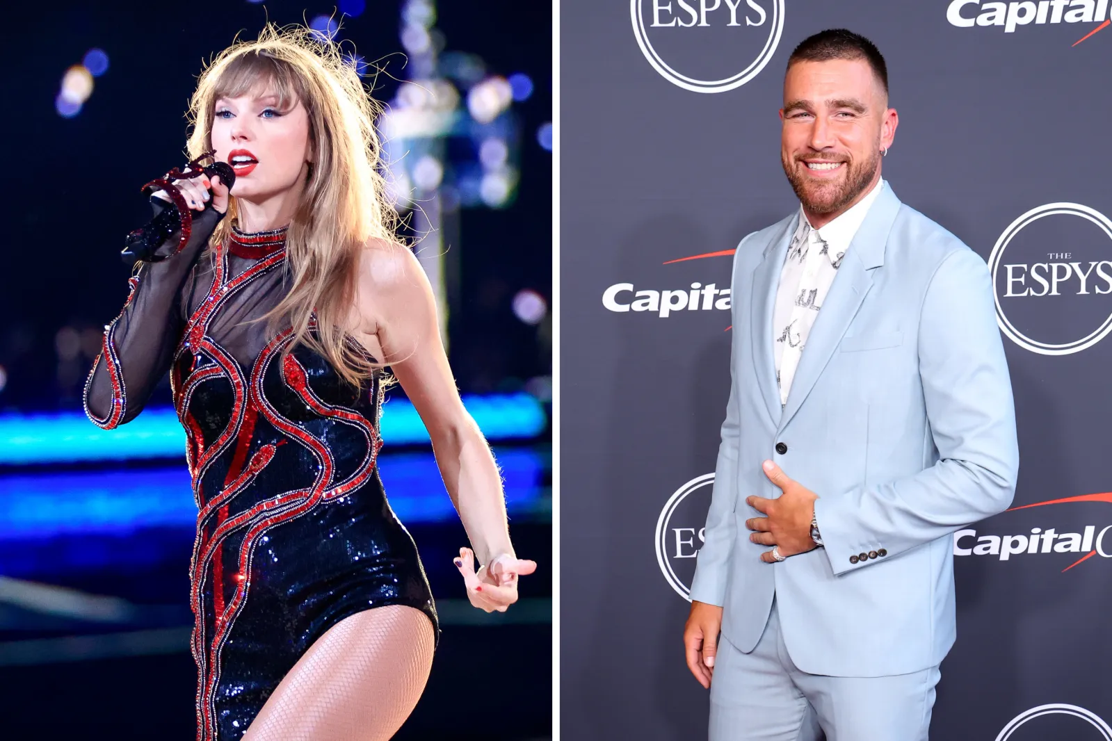 sachin and babi light blue dress Taylor Swift Stuns in $398 Ralph Lauren Dress as She Celebrates Engagement  to Travis Kelce main image 0