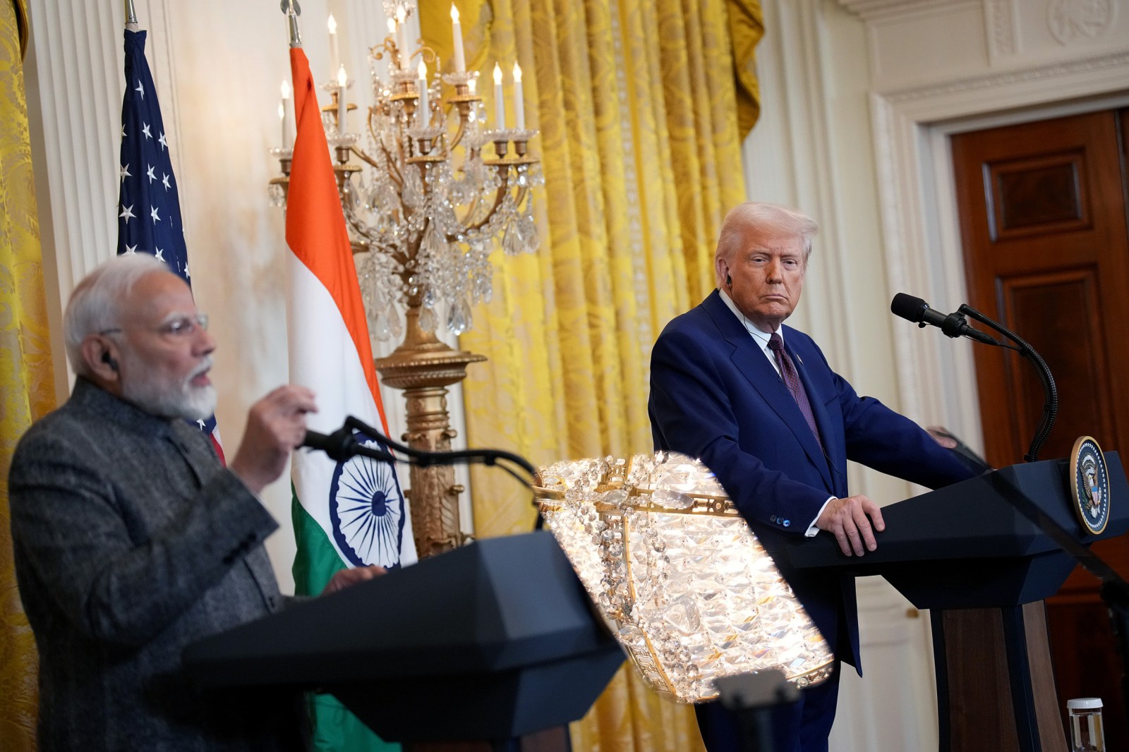 President Donald Trump and Indian Prime Minister Narendra Modi hold a joint press conference in the East Room at the White House on February 13 in Washington, D.C. 

