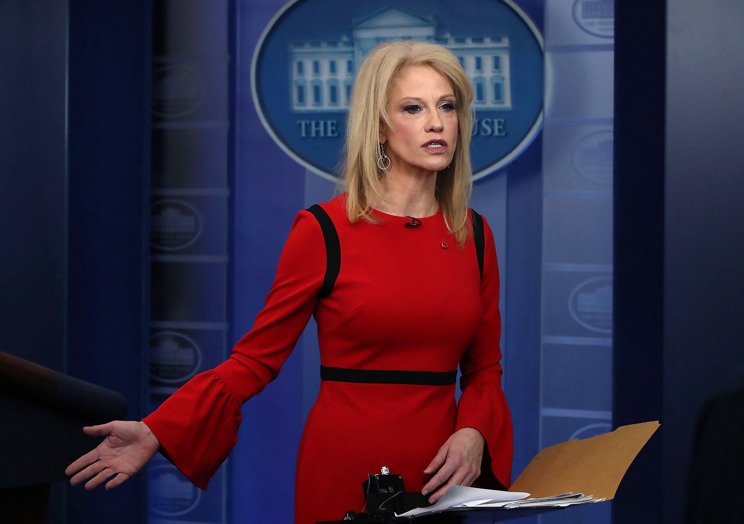 kellyanne conway red dress Kellyanne Conway Says Spouses Should Be Off-limits in Debate, but Trump  Regularly Deploys Line of Attack