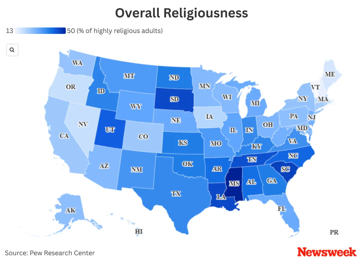 Less Religious Map Shows Most—And Least—Religious States - Newsweek
