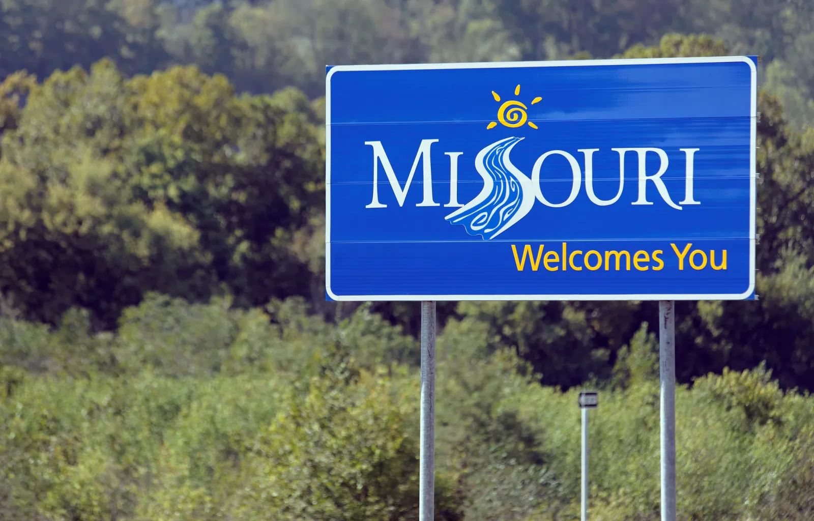 A welcome sign at the Missouri state line located in Pineville on October 4, 2012.
