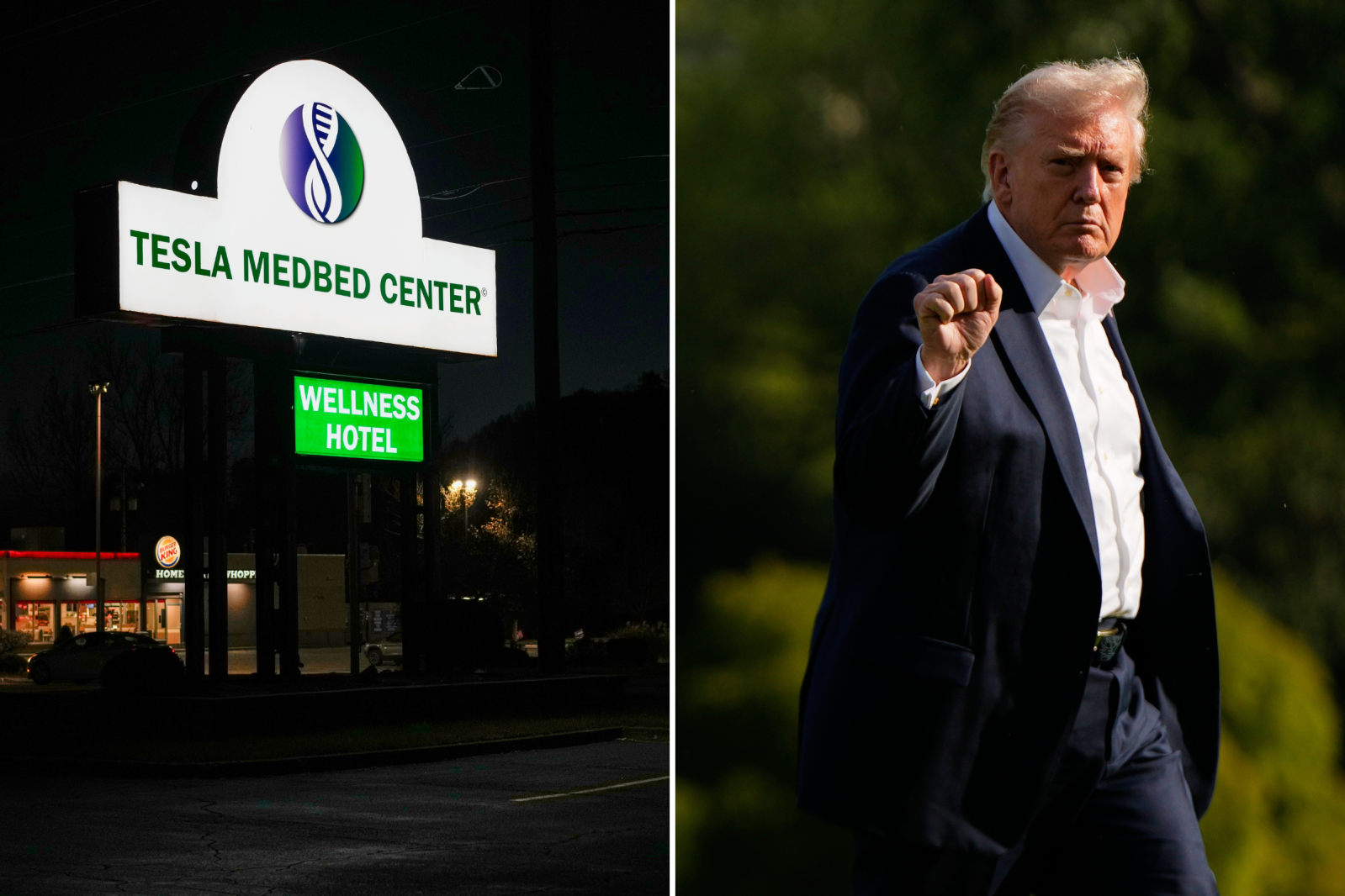 The entrance for Tesla BioHealing's Tesla Wellness Hotel and MedBed Center (left) on November 14, 2023, in Butler, Pennsylvania and President Donald Trump (right) gestures as he arrives at the White House September 26, 2025, in Washington.