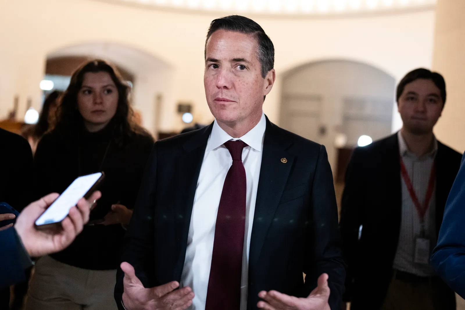 Senator Bernie Moreno speaks to reporters in Washington, D.C., after a Senate vote on February 19, 2025. (Tom Williams/CQ Roll Call via AP Images)