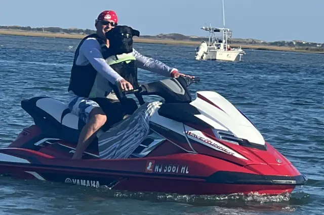Black lab riding wave runner