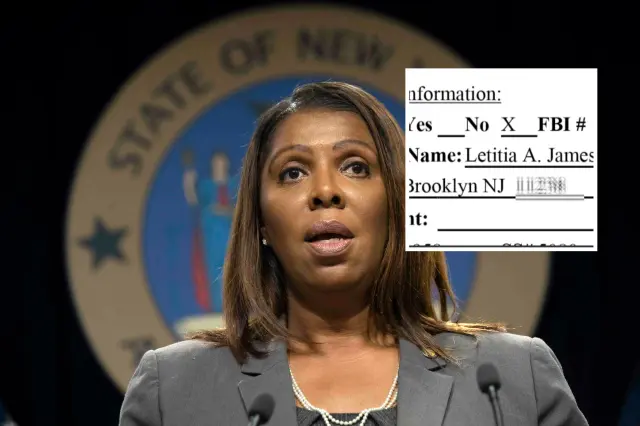 (Left) Tuesday, June 11, 2019, file photo, New York Attorney General Letitia James speaks during a news conference, in New York (AP Photo/Mary Altaffer, File) Inset: Cover Sheet filed on Letitia James indictment