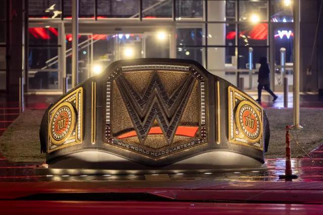 wwe headquarters with championship belt sculpture
