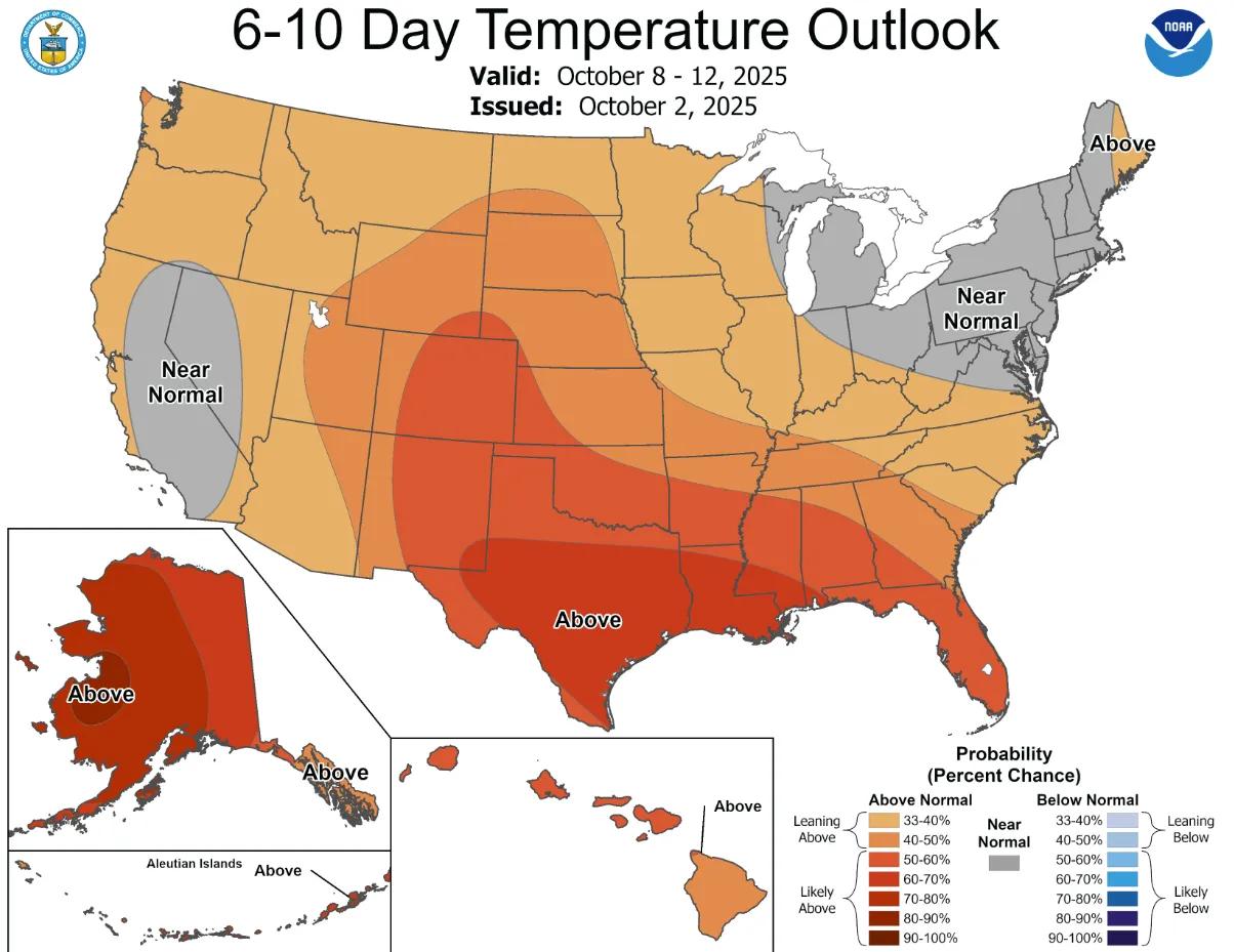 Map shows which states are facing above average temperatures next week. (Photo courtesy of National Weather Service Weather Prediction Center)