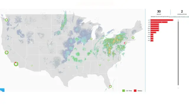 A map showing the number of flight delays at different airports at 4 a.m. ET on October 30, according to the Flight Aware Misery Map.