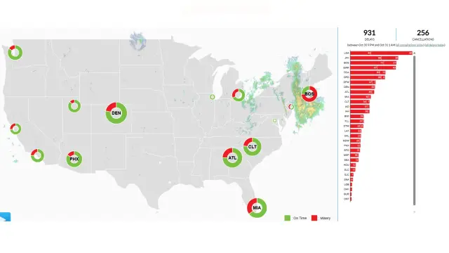 A map showing the number of flight delays at different airports at 7 p.m. ET on October 30, according to the Flight Aware Misery Map.