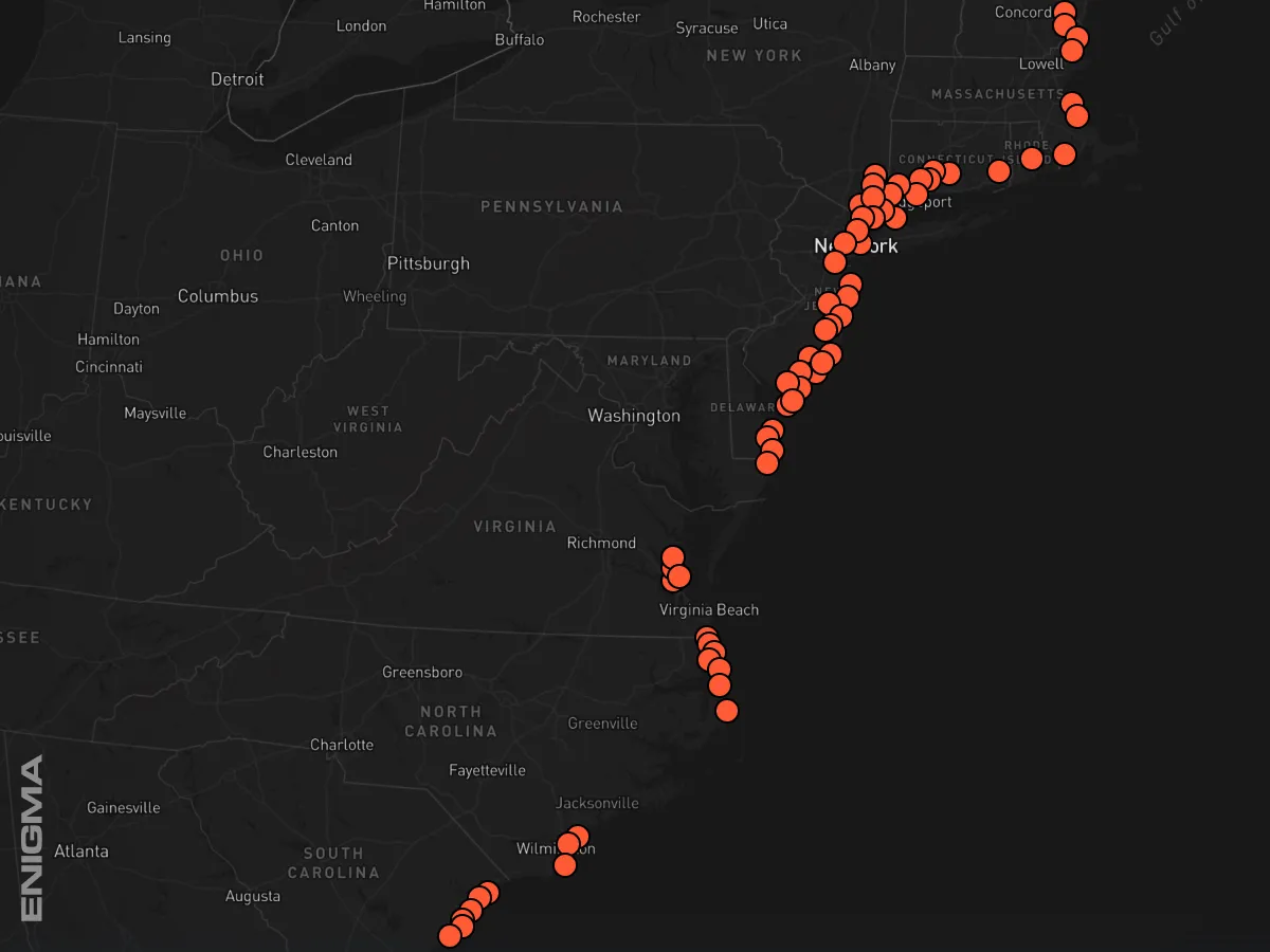 Map showing USO reports on the East Coast