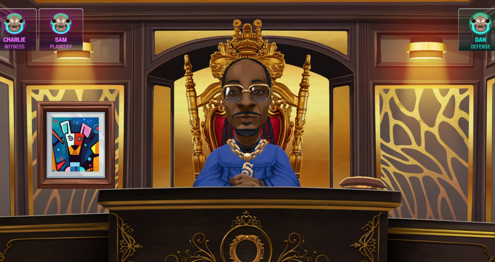 A cartoon Snoop Dogg dressed as a judge