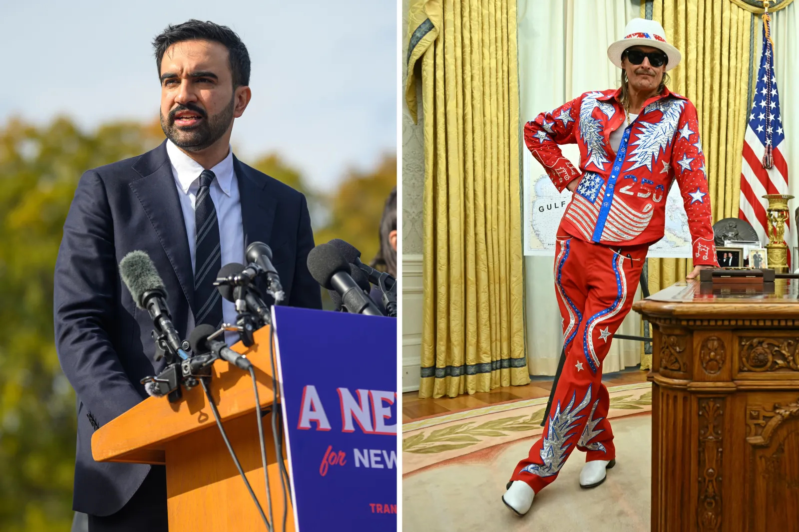 L: Mayor-Elect Zohran Mamdani speaks during a press conference at the Unisphere on November 05, 2025 in the Queens borough of New York City.
R: Kid Rock in the Oval Office of the White House in Washington, DC, on March 31, 2025.  
