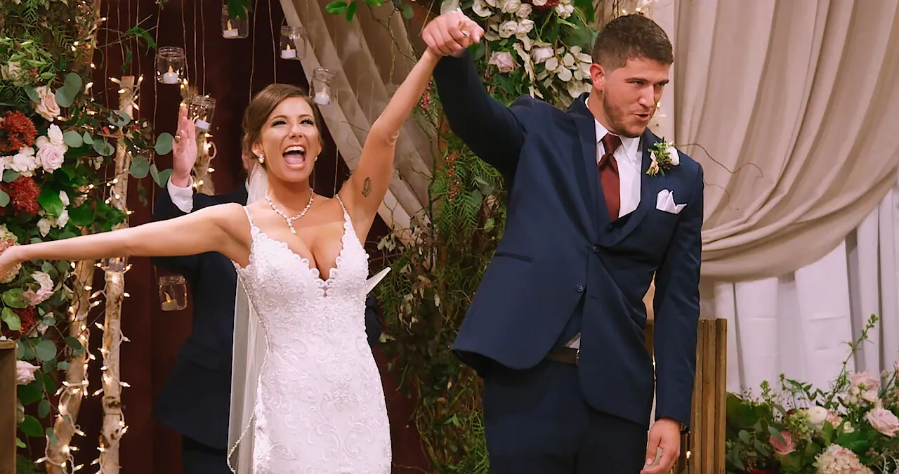 A bride and groom celebrate