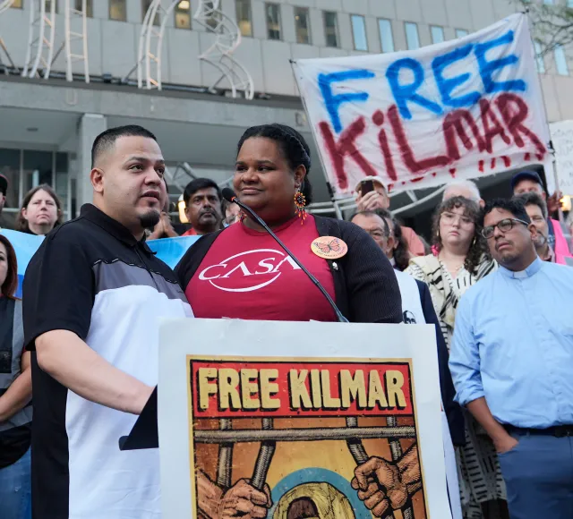 Kilmar Abrego Garcia (R) with his wife Jennifer Vasquez Sura (L) attend a protest rally in Baltimore, Monday, Aug. 25, 2025.