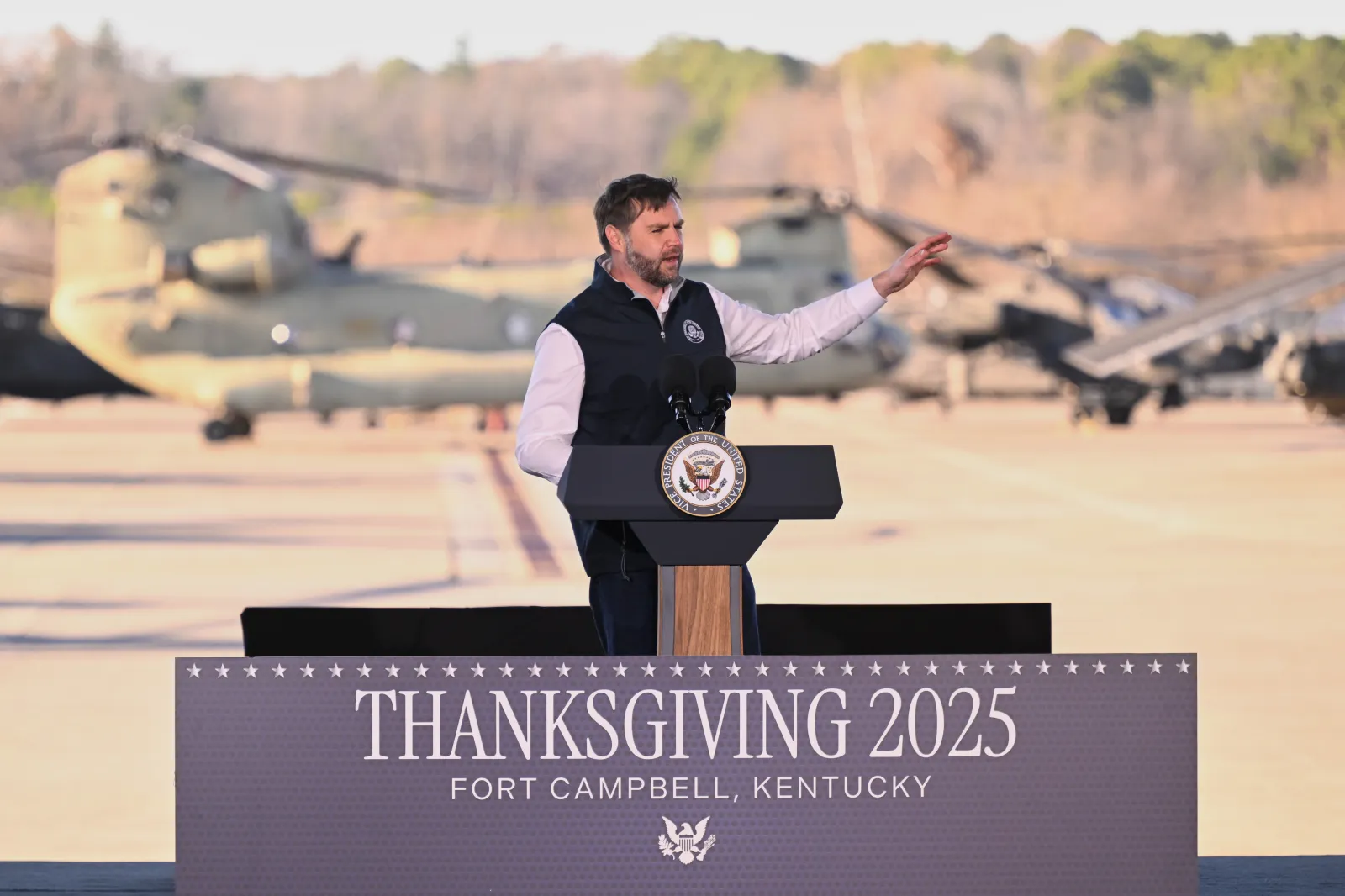 Vice President JD Vance speaks during a visit to Fort Campbell, Kentucky, Wednesday, November 26, 2025.