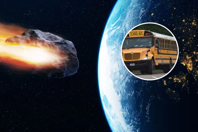 Asteroid approaching Earth, with an inset picture of a school bus.