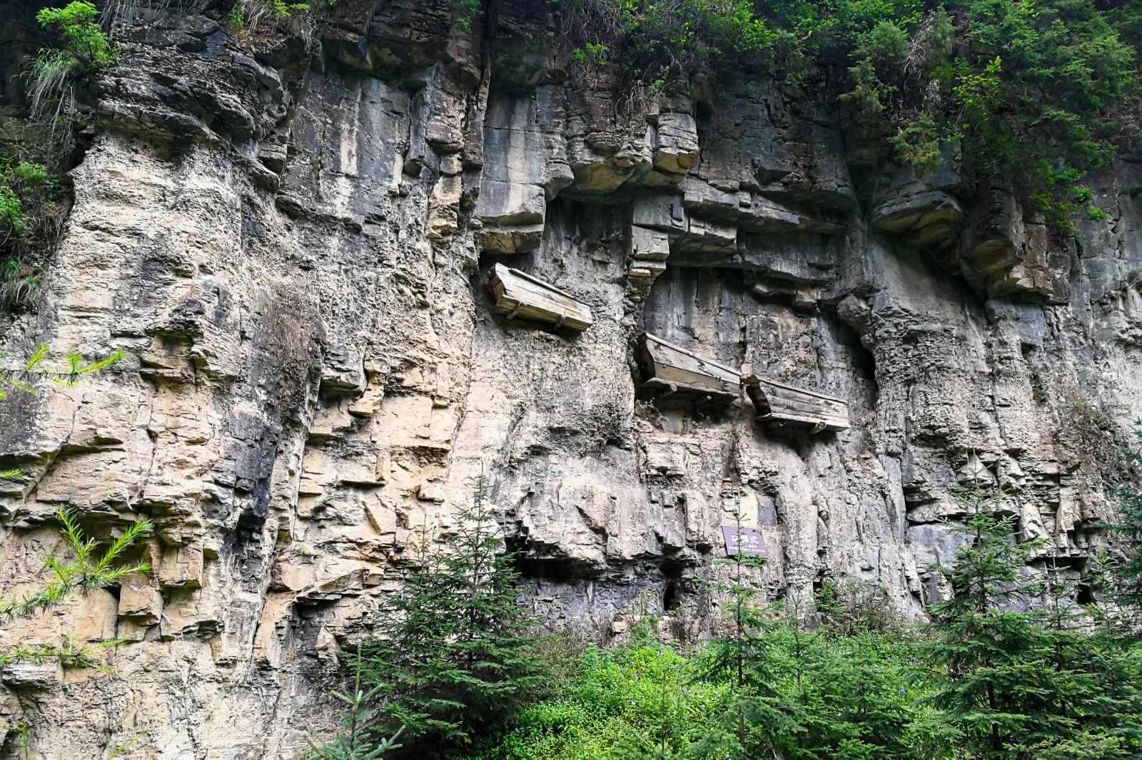 Shimen hanging coffins on cliffs at Luya Mountains, Ningwu, Xinzhou, Shanxi, China