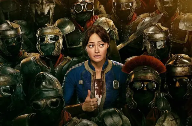 A woman surrounded by Roman soliders has her thumb up