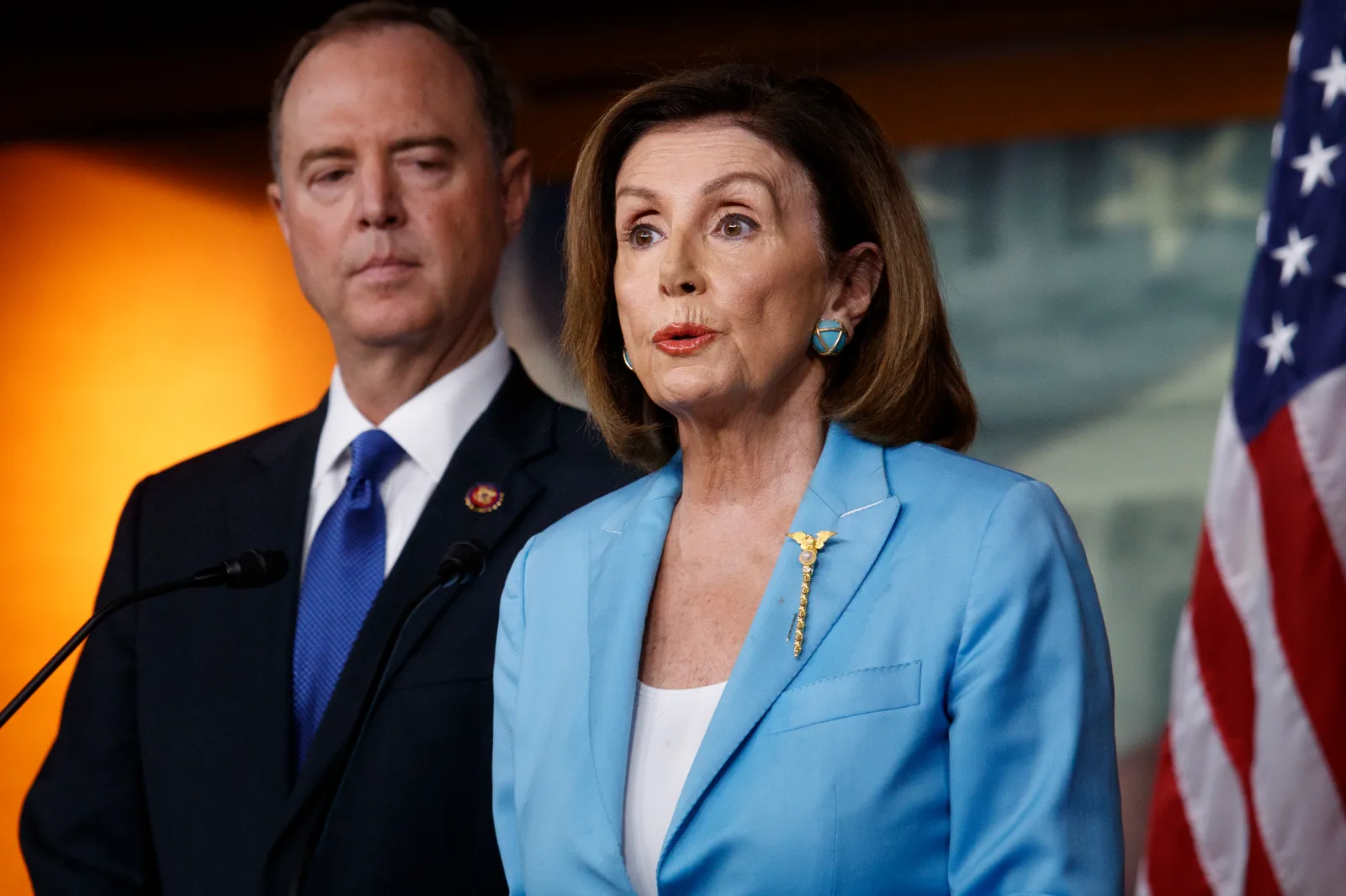 WASHINGTON, DC - OCTOBER 02: House Speaker Nancy Pelosi (D-CA) speaks during a weekly news conference with House Intelligence Committee Chairman Adam Schiff (D-CA) on October 2, 2019, on Capitol Hill in Washington, DC. Pelosi and Schiff updated members of the media on the latest developments related to the impeachment inquiry focused on U.S President Donald Trump. (Photo by Tom Brenner/Getty Images)