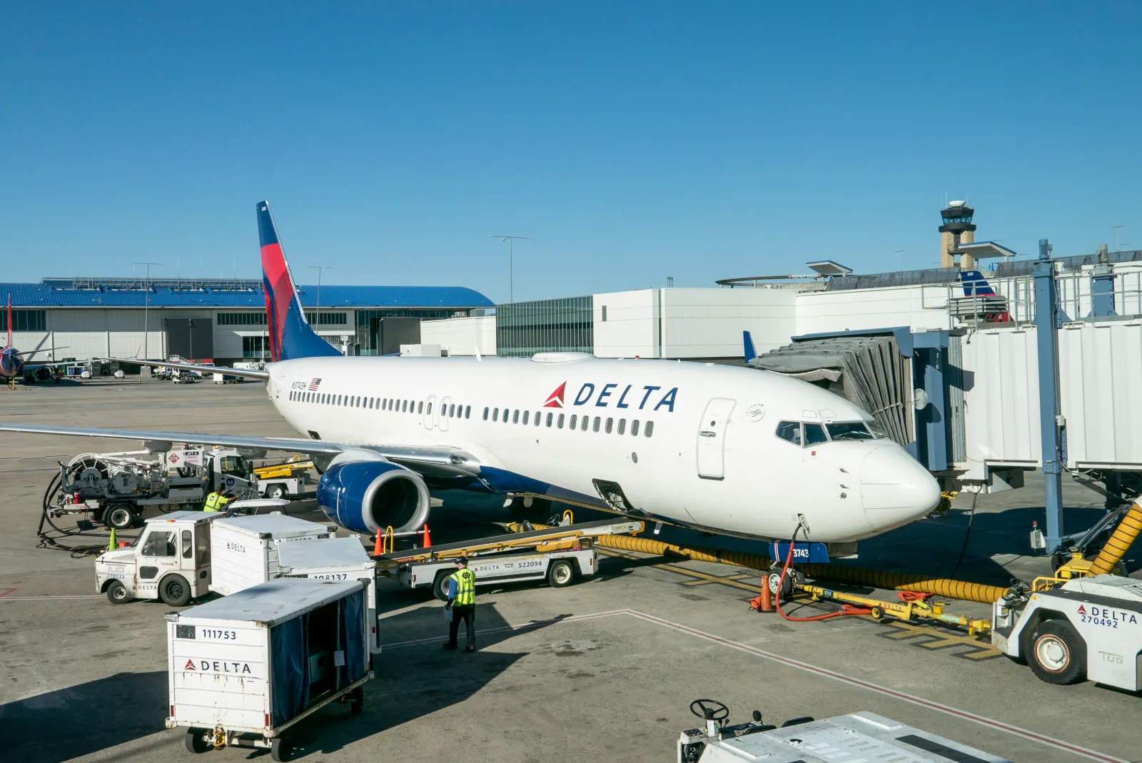 A Delta aircraft at Charlotte Douglas International Airport in February 2022.