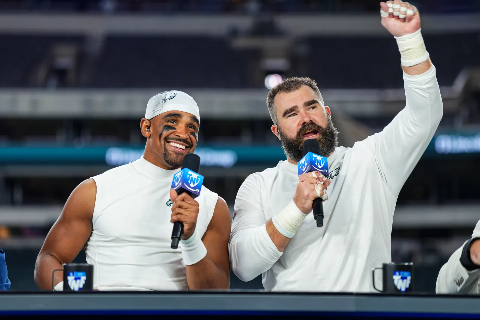 Former Philadelphia Eagles center Jason Kelce and QB Jalen Hurts