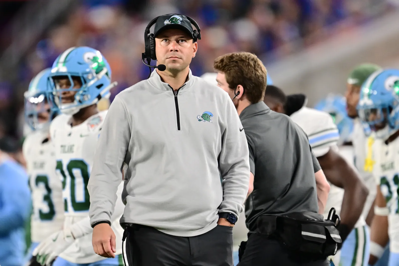College football head coach Jon Sumrall of the Tulane Green Wave looks on in the second half of the Union Mortgage Gasparilla Bowl against the Florida Gators