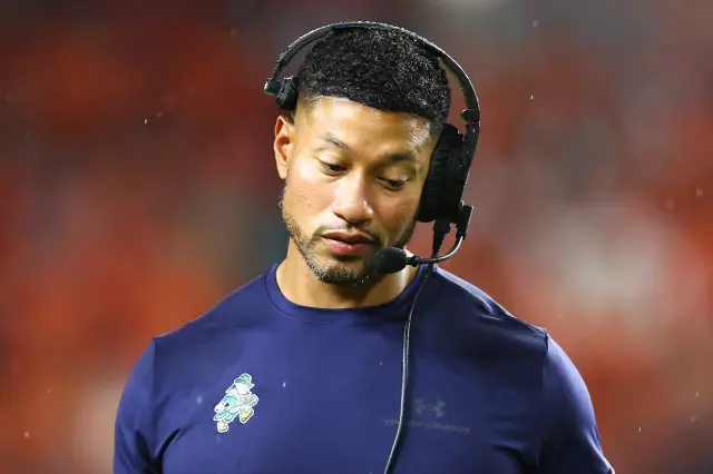 Head coach Marcus Freeman of the Notre Dame Fighting Irish