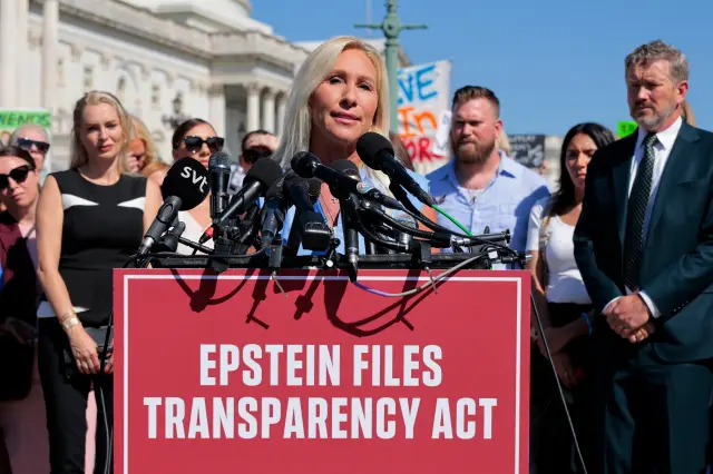 Rep. Marjorie Taylor Greene (R-GA) speaks during a news conference with 10 of the alleged victims of disgraced financier and sex trafficker Jeffrey Epstein outside the U.S. Capitol on September 03, 2025 in Washington, DC. Rep. Thomas Massie (R-KY) and Rep. Ro Khanna (D-CA ) have introduced the Epstein List Transparency Act to force the federal government to release all unclassified records from the cases of Epstein and his associate, Ghislaine Maxwell