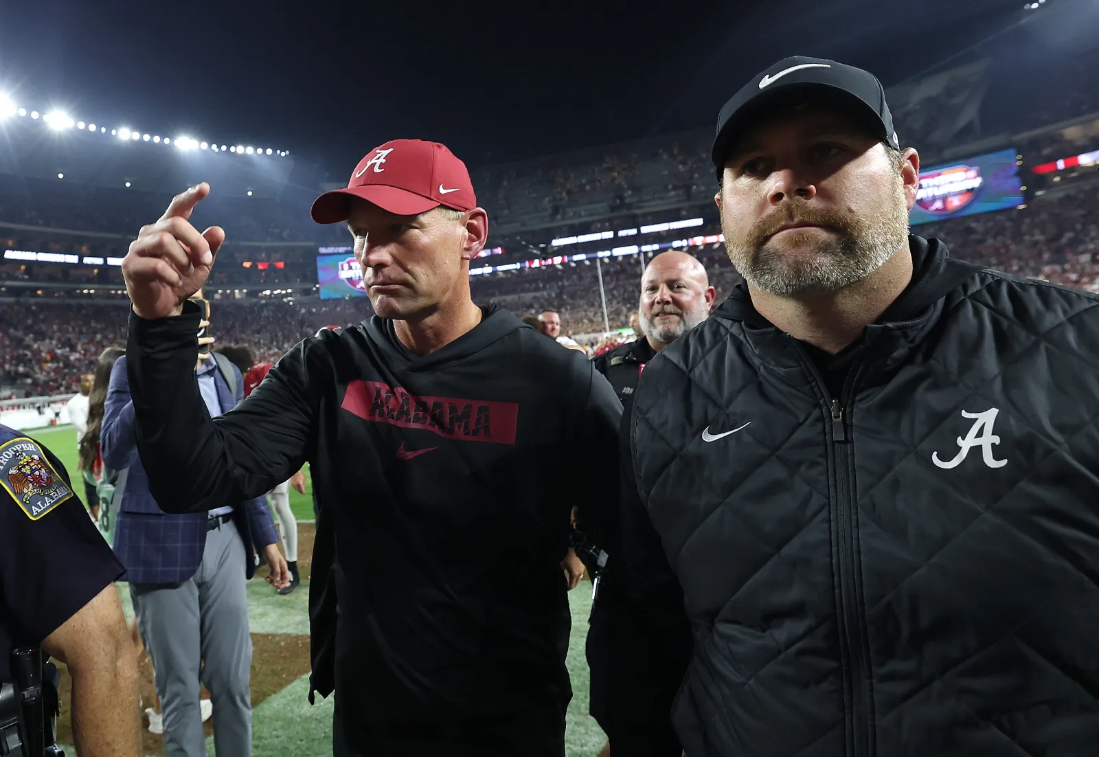 College football head coach Kalen Deboer and defensive coordinator Kane Wommack of the Alabama Crimson Tide.
