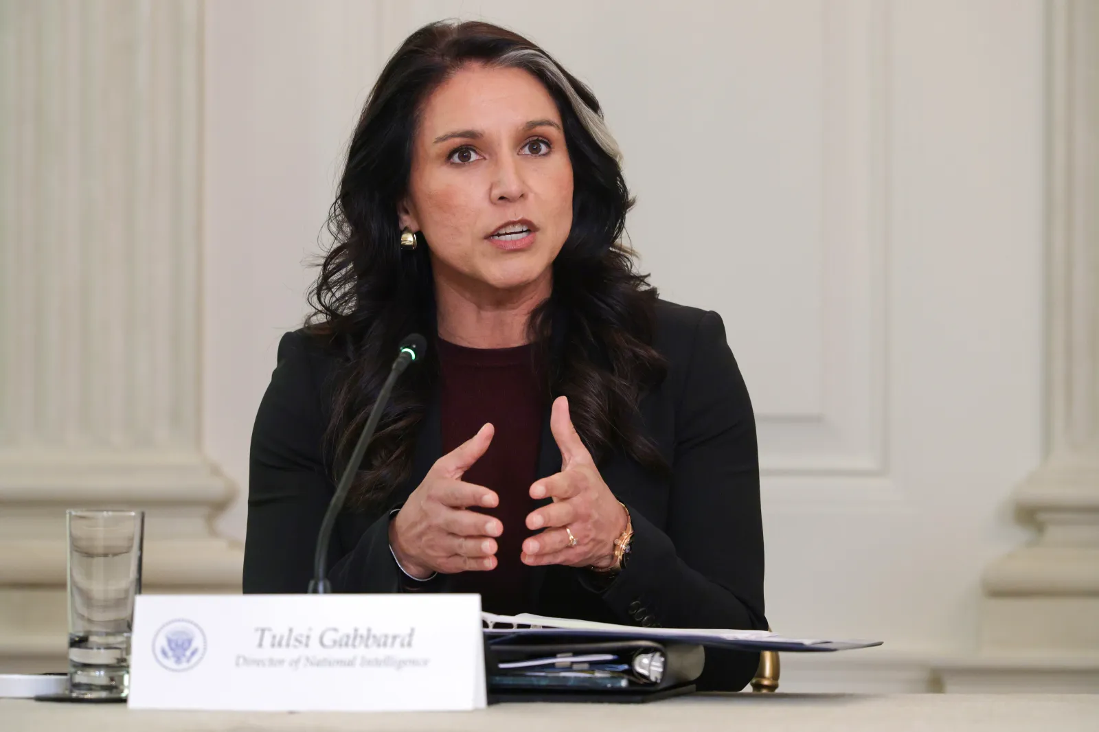 Director of National Intelligence Tulsi Gabbard delivers remarks at the White House on October 23, 2025 in Washington, DC. (Photo by Alex Wong/Getty Images)