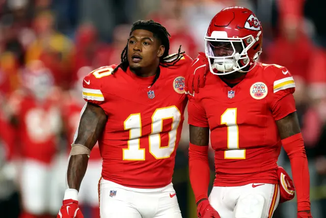 Kansas City Chiefs running back Isiah Pacheco and wide receiver Xavier Worthy.