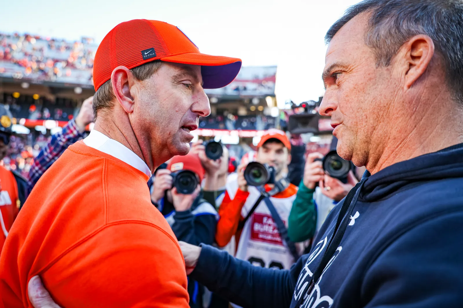 Clemson Tigers head coach Dabo Swinney with South Carolina coach Shane Beamer