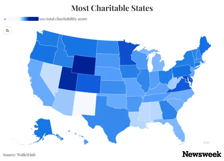 Map shows 'most charitable states’ in US - Newsweek