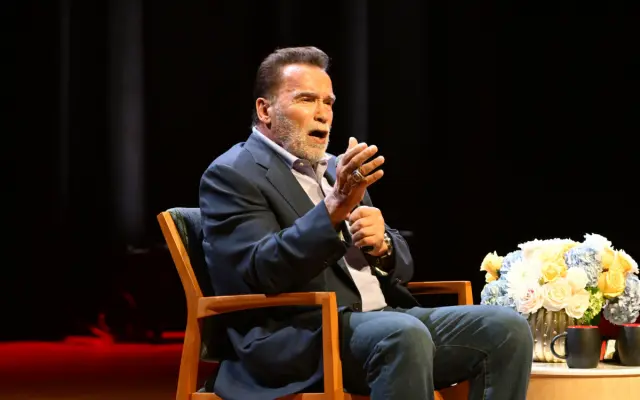 Arnold Schwarzenegger speaks at Chapman University as part of the Lisa Argyros Distinguished Lecture Series at Chapman University on October 28, 2025 in Orange, California.