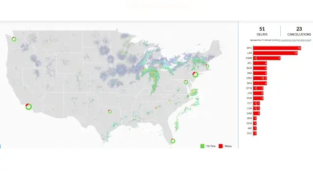 A map showing the number of flight delays at different airports at 4 a.m. Eastern time (ET) on November 9.
