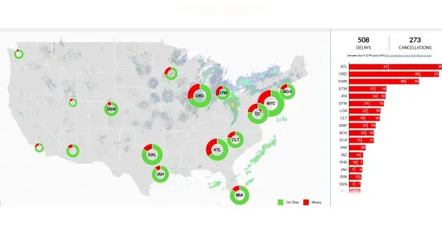A map showing the number of flight delays at different airports at 9 a.m. ET on November 9.